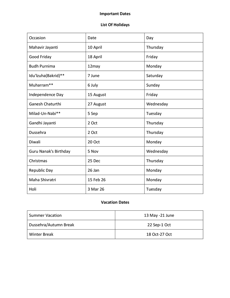 List of Holidays